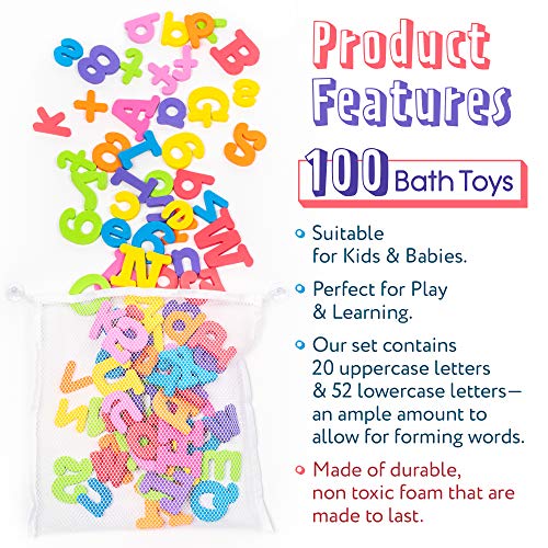 100 Juguetes de Baño y bañera - Adecuados para Niños y Bebés - 26 Letras del Alfabeto en espuma de Colores Brillantes - Perfecto para jugar y aprender.