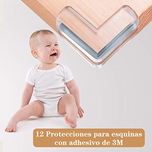 12 Protecciones para Esquinas + 12 Protector Enchufes + 2 Protectores Puerta, EJOY 26 Pack Protecciones para Bebes y Niños con Adhesivo de 3M, Kit Protector Para Esquinas y Enchufes