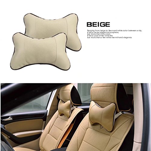 2 Piezas Almohadas de Cuello, Jayboson Cuero PU Suave Transpirable Almohada de Viaje Asiento de Coche Cojín para el Reposacabezas (Beige)