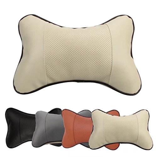 2 Piezas Almohadas de Cuello, Jayboson Cuero PU Suave Transpirable Almohada de Viaje Asiento de Coche Cojín para el Reposacabezas (Beige)