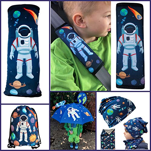 2x Protectores para cinturón de seguridad HECKBO® con dibujos de astronauta y del espacio exterior, protectores de hombros, almohadillas para el hombro, bicicleta, para sillín de bicicleta para niños