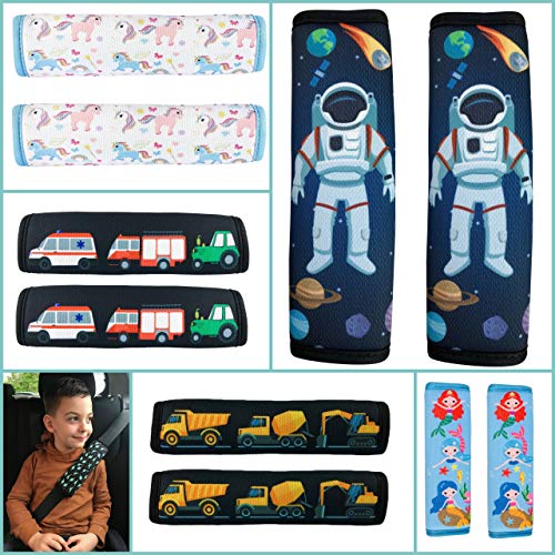 2x Protectores para cinturón de seguridad HECKBO® con dibujos de astronauta y del espacio exterior, protectores de hombros, almohadillas para el hombro, bicicleta, para sillín de bicicleta para niños