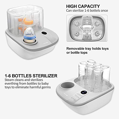 3 en 1 Esterilizador de biberón de esterilizar/secar/calentar leche - Esterilizador eléctrico a vapor con colador HEPA hasta 6 biberones - Calienta biberón de leche fría/refrigerada rápido