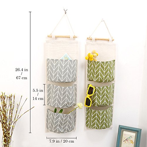 3 Piezas Pared Colgando Almacenamiento Bolso, Creatiees Impermeable Encima los Puerta Armario Organizador, Lino Farbric Colgando Bolsillo Organizador con 3 Bolsillos(Amarillo+Gris+Verde)