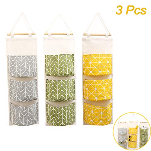 3 Piezas Pared Colgando Almacenamiento Bolso, Creatiees Impermeable Encima los Puerta Armario Organizador, Lino Farbric Colgando Bolsillo Organizador con 3 Bolsillos(Amarillo+Gris+Verde)