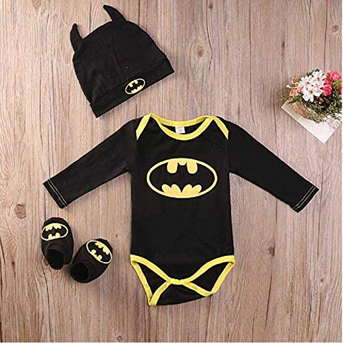 3 Unids Ropa Bebe Verano BEB¨¦S Reci¨¦N Nacidos Bebe Ni?Os Batman Mamelucos Zapatos Trajes De Sombrero Ropa Set BEB¨¦ Fresco Traje De Tela De Batman (Negra B, 100(18-24 Meses))