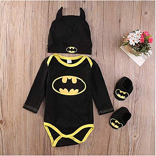 3 Unids Ropa Bebe Verano BEB¨¦S Reci¨¦N Nacidos Bebe Ni?Os Batman Mamelucos Zapatos Trajes De Sombrero Ropa Set BEB¨¦ Fresco Traje De Tela De Batman (Negra B, 80(6-12 Meses))