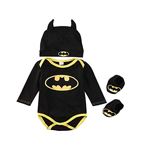 3 Unids Ropa Bebe Verano BEB¨¦S Reci¨¦N Nacidos Bebe Ni?Os Batman Mamelucos Zapatos Trajes De Sombrero Ropa Set BEB¨¦ Fresco Traje De Tela De Batman (Negra B, 80(6-12 Meses))