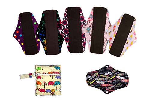 6pcs 10 Inch Charcoal gamuza de bambú reutilizable lavable almohadillas menstrual compresa + 1pc Wet Bolsa