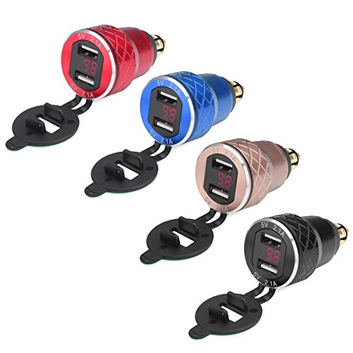 Alamor 12V-24V 4.2A Voltímetro Rojo Motocicleta Dual USB Cargador DIN Socket para BMW Moto - Negro