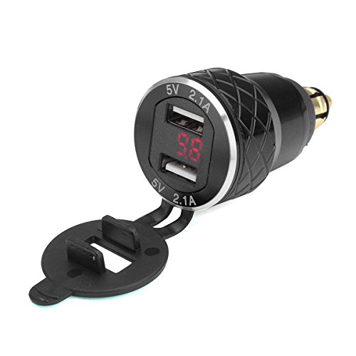 Alamor 12V-24V 4.2A Voltímetro Rojo Motocicleta Dual USB Cargador DIN Socket para BMW Moto - Negro