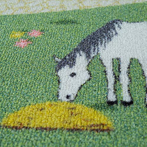 Alfombra Infantil, Alfombra de Juego para Habitaciones Infantiles, Paisaje y Caballos, En Verde, tamaño:80x150 cm