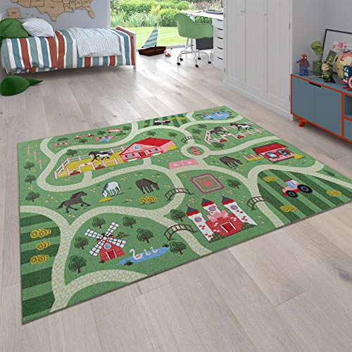 Alfombra Infantil, Alfombra de Juego para Habitaciones Infantiles, Paisaje y Caballos, En Verde, tamaño:80x150 cm