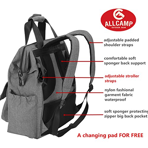 ALLCAMP Mochila de pañales, estilo versátil resistente al agua bolsa de pañales para bebés, gran capacidad de pañales cambiador de bolsa, organizador de cochecito con cambiar de mat