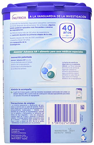 Almirón 5391522472860 Advance AR 1 Leche de Fórmula Anti-Regurgitación en Polvo a Partir del Primer Día - 800 g