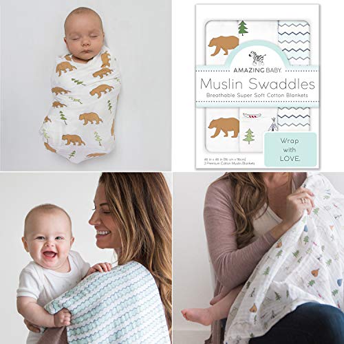 Amazing Baby by Swaddledesigns, Set de 3 Mantas de Muselina Para Bebés, Aventura en La Naturaleza, Neutro