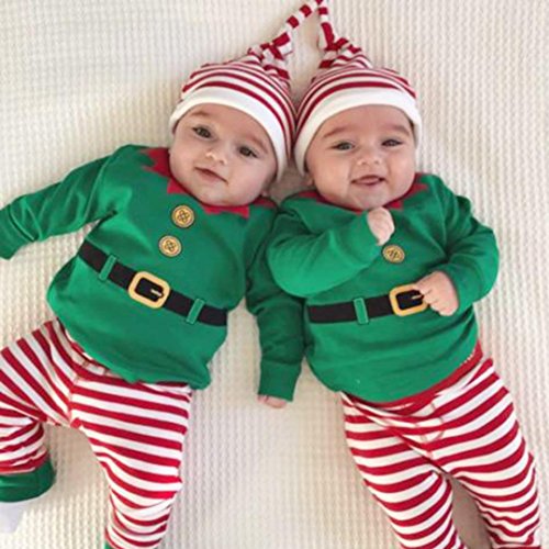 Amlaiworld Ropa de Navidad bebé, Infantil Bebé niños niñas Trajes de Navidad Conjunto Mameluco + Pantalones + Sombrero 3 Mes - 2 Años (Verde, Tamaño:3-6Mes)