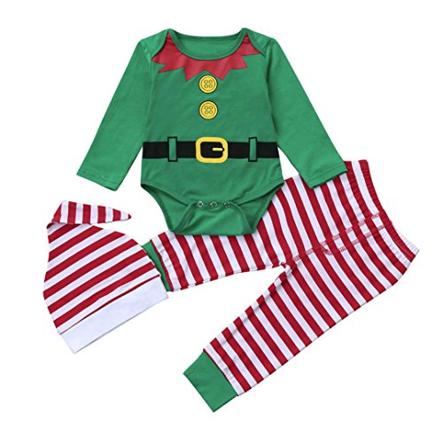 Amlaiworld Ropa de Navidad bebé, Infantil Bebé niños niñas Trajes de Navidad Conjunto Mameluco + Pantalones + Sombrero 3 Mes - 2 Años (Verde, Tamaño:3-6Mes)