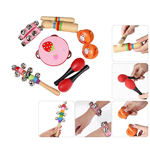 ammoon 10pcs / set Juguetes musicales Instrumentos de percusión Kit de ritmo de banda Incluso Pandereta Maracas Castañuelas Campanas Guiro de madera para Niños Niños Pequeños