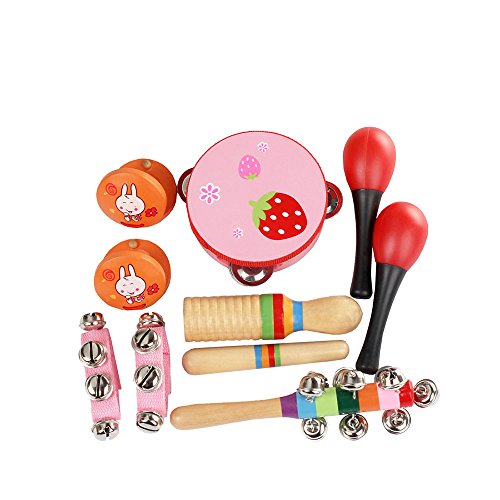 ammoon 10pcs / set Juguetes musicales Instrumentos de percusión Kit de ritmo de banda Incluso Pandereta Maracas Castañuelas Campanas Guiro de madera para Niños Niños Pequeños