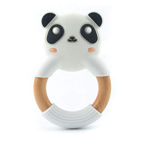 Anillo Mordedor en Forma de Panda para Bebés - Silicona y Madera Orgánica y Natural, Antibacteriana, sin BPA - Ayuda a Prevenir el Dolor de Dientes y Encías del Bebé, Estimula la Dentición