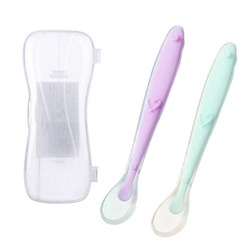 Artibetter 2pcs Cuchara de alimentación para bebés Cuchillería de silicona Utensilio con estuche Cucharas de bebé de punta suave para bebés recién nacidos Niños Niños Pequeños