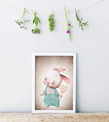 artpin® Juego de 4 imágenes para habitación de niños – A4 Póster habitación de bebé – Ratón zorro conejo colores pastel decoración niña niño P56