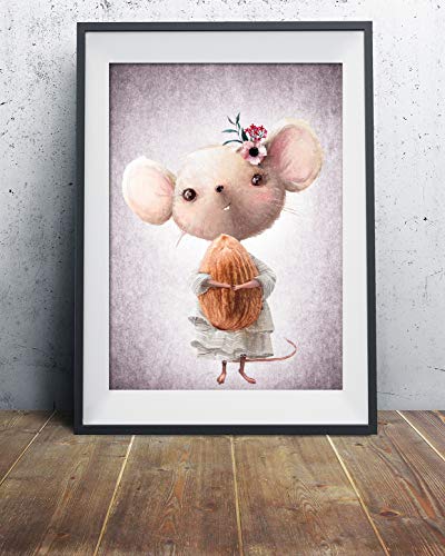 artpin® Juego de 4 imágenes para habitación de niños – A4 Póster habitación de bebé – Ratón zorro conejo colores pastel decoración niña niño P56