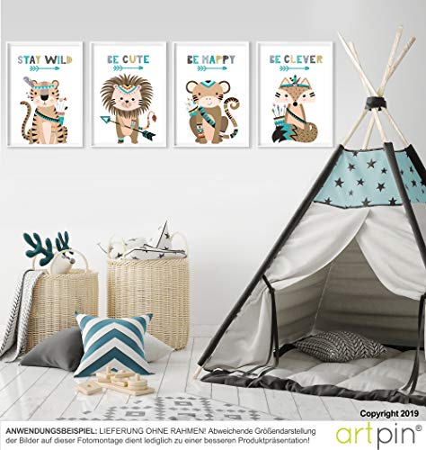 artpin® Juego de 4 pósteres para habitación infantil – Decoración Niño Niña – Cuadros de pared A4 para habitación de bebé – Animales del bosque indio Safari Escandinavo, Boho, Jungle, multicolor (P44)