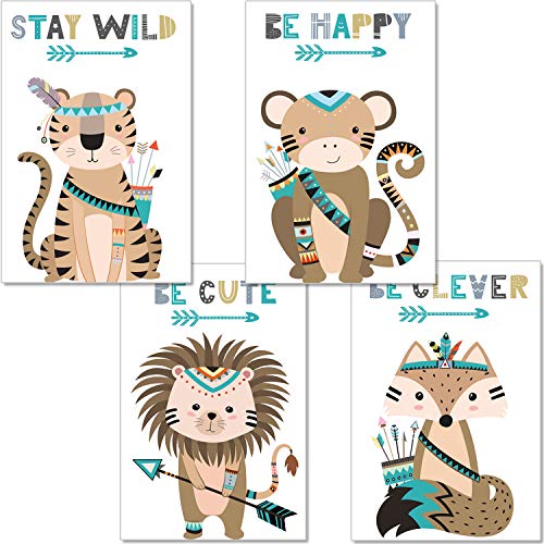 artpin® Juego de 4 pósteres para habitación infantil – Decoración Niño Niña – Cuadros de pared A4 para habitación de bebé – Animales del bosque indio Safari Escandinavo, Boho, Jungle, multicolor (P44)