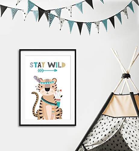 artpin® Juego de 4 pósteres para habitación infantil – Decoración Niño Niña – Cuadros de pared A4 para habitación de bebé – Animales del bosque indio Safari Escandinavo, Boho, Jungle, multicolor (P44)