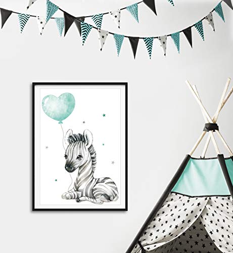 artpin® - Póster decorativo para habitación infantil, diseño de safari con animales, color verde menta y gris