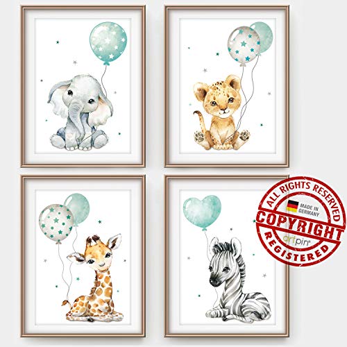 artpin® - Póster decorativo para habitación infantil, diseño de safari con animales, color verde menta y gris