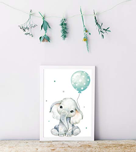 artpin® - Póster decorativo para habitación infantil, diseño de safari con animales, color verde menta y gris