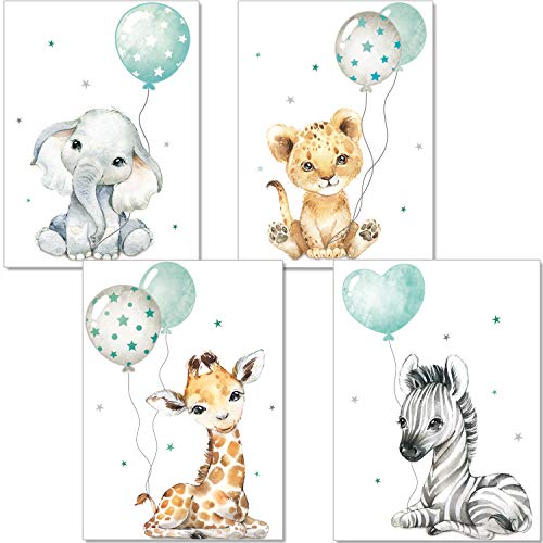 artpin® - Póster decorativo para habitación infantil, diseño de safari con animales, color verde menta y gris