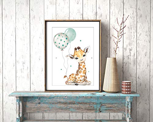 artpin® - Póster decorativo para habitación infantil, diseño de safari con animales, color verde menta y gris