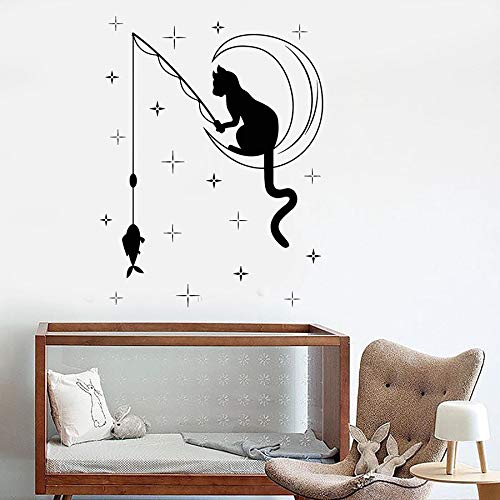 ASFGA Etiqueta de la Pared de la Pesca del Gato Luna Estrella Media Luna vivero Dormitorio del niño habitación del bebé decoración del hogar Vinilo Ventana Pegatina Lindo Mascota Mural 42x32 cm