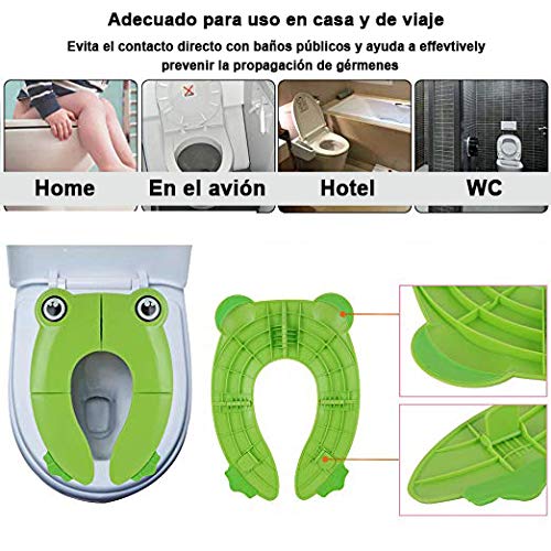 Asiento de Inodoro Plegable, Reductores de Inodoro Para Niños, Asiento Plegable Para Viaje Para Bebé (Verde),Tarjeta de Entrenamiento Bedpan, Almohadilla de Inodoro Desechable