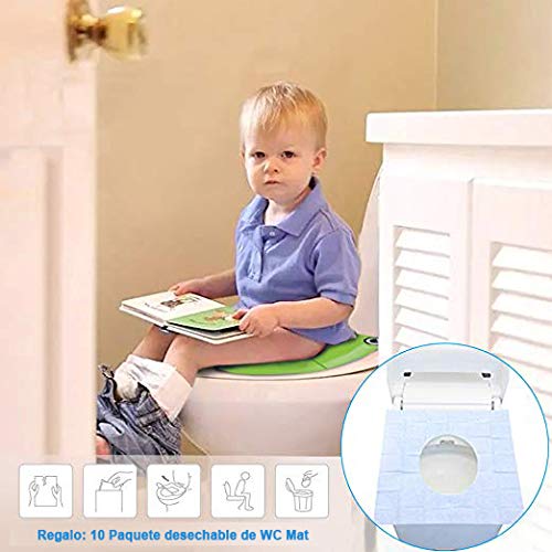 Asiento de Inodoro Plegable, Reductores de Inodoro Para Niños, Asiento Plegable Para Viaje Para Bebé (Verde),Tarjeta de Entrenamiento Bedpan, Almohadilla de Inodoro Desechable