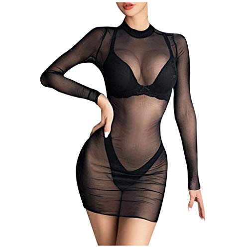 Auifor Sheer de Las Mujeres de Malla Ver-a través de Cultivos de Manga Larga Tops Casuales de Clubwear del Mini Vestido(Negro/Medium)