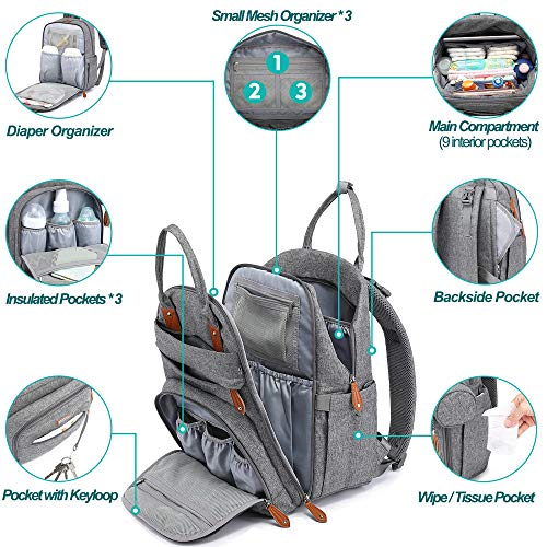 BabbleRoo Mochilas de Pañales para Bebé, Gran Capacidad Mochila de Cambio Bolsa para Pañales con Cambiador y Porta Chupones para Mamá y Papá (gris)