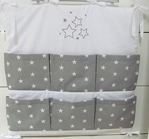 Babymajawelt® Bolsa de cuna para cuna "STARS/Estrellas" - con la aplicación bordado - Utensilio, organizador, cuna Talla: 60x60cm (gris)