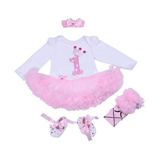 Babypreg® Bebé Niña 4pcs Corona Patrón de primer cumpleaños para vestido de tutú, diadema zapatos(L/9-12 Mes, Rosa)