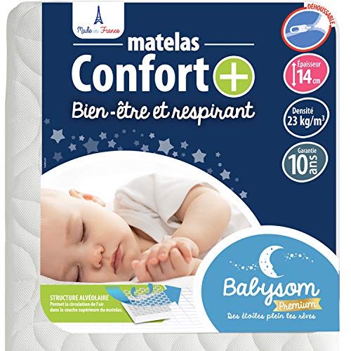 Babysom - Colchón Cuna Bebé Confort+ - 60 x 120 cm - Altura 14 cm - Antiasfixia - Transpirable - Reglaje Térmico - Desenfundable - Garantía 10 años