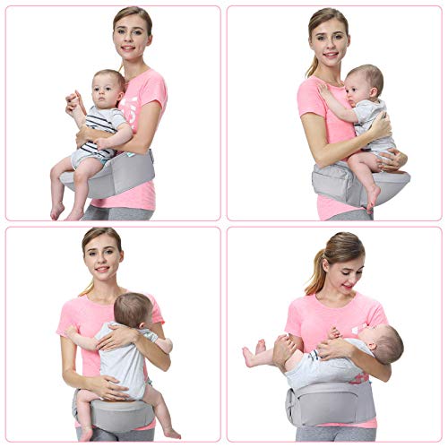 BAMNY - Asiento de cadera para bebé, cintura ligera, taburete con partículas antideslizantes, algodón puro, transpirable para recién nacidos de 0 – 36 meses, ergonómico, multiposición, color gris