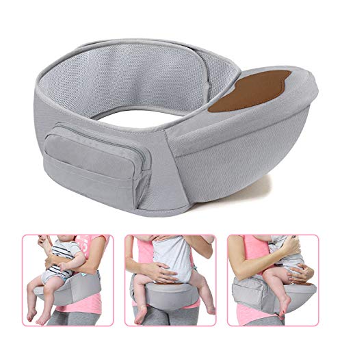 BAMNY - Asiento de cadera para bebé, cintura ligera, taburete con partículas antideslizantes, algodón puro, transpirable para recién nacidos de 0 – 36 meses, ergonómico, multiposición, color gris