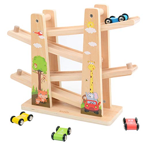 Baobë Pista con Coches de Madera, Juego de Coches con Zigzag, Clic en Clack Racing Track con * 4 * Cars, Regalo Educativo para niños pequeños (Jungla de Madera)