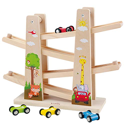 Baobë Pista con Coches de Madera, Juego de Coches con Zigzag, Clic en Clack Racing Track con * 4 * Cars, Regalo Educativo para niños pequeños (Jungla de Madera)