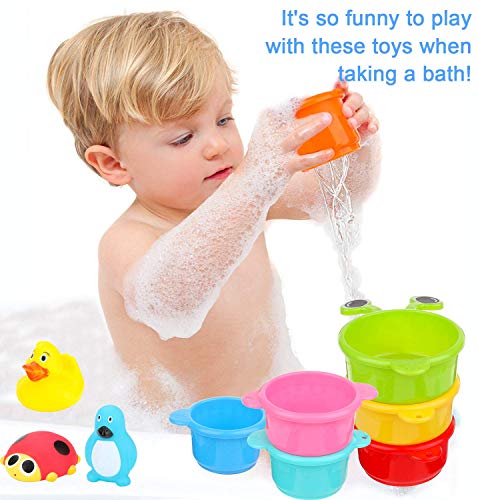 BBLIKE Juguetes Bañera, 19 PCS Almacenamiento de Juguetes Baño para Bebés con Pistola de Agua, Red de Pesca, Vasos Apilables