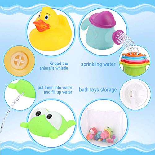 BBLIKE Juguetes Bañera, 19 PCS Almacenamiento de Juguetes Baño para Bebés con Pistola de Agua, Red de Pesca, Vasos Apilables